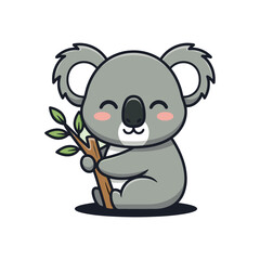 Cute cartoon koala sitting and hugging a small tree branch with green leaves, gray fur, big fluffy ears, black nose, smiling face, pink cheeks, white background.