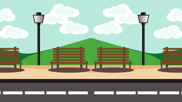 2d Park loopable animation with benches, glowing streetlights, trees, and a road under a bright blue sky. Ideal for game scenes, motion graphics, and animated backgrounds.
