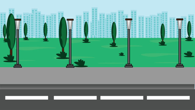 Flat urban street background vector with road, park, trees, street lamps, and city skyline under a light blue sky. Great for games, web design, and creative illustration projects.