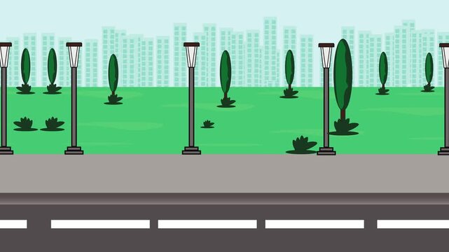 2D city street loop animation featuring road, park, trees, and skyline with smooth movement. Perfect for game scenes, animated intros, and motion backgrounds.