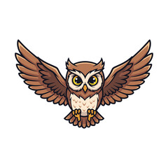 Cute cartoon owl flying with wide wings, brown feathers, cream chest, big yellow eyes, small head tufts, simple front view, clean vector on white background.