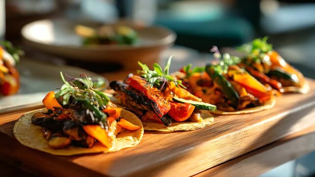 A selection of vegetarian tacos displayed on a wooden board roasted bell peppers zucchini and black beans topped with fresh herbs and colorful garnishes tortillas slightly char