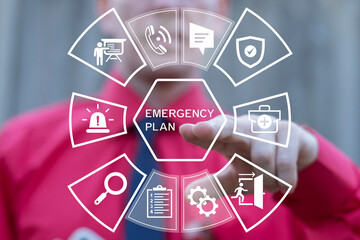 Business man using virtual touch screen clicks text: EMERGENCY PLAN. Business emergency plan concept. Checklist to do in disaster, continue business, build resilience concept. Emergency preparedness.