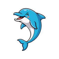 Fototapeta premium Cute cartoon dolphin with blue top and white belly, smiling with closed eyes and blushing cheeks, simple friendly style, perfect for kids or icons.