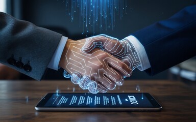 Businessmen shaking hands with digital data overlay, symbolizing technology and partnership
