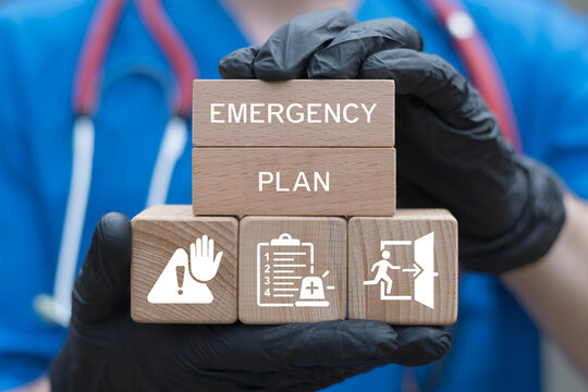 Emergency plan and procedure of evacuation for healthcare buildings. Emergency preparedness planning training medicine concept.