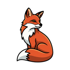 Cute cartoon fox sitting upright with orange fur, white chest and tail tip, looking to the right, thick outline, simple vector style on white background.