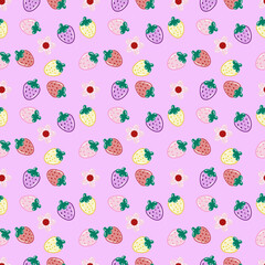 Seamless pattern of cute and colorful strawberries and flowers. Pattern for fabric, textiles, mugs, phone cases, wallpaper, and packaging.