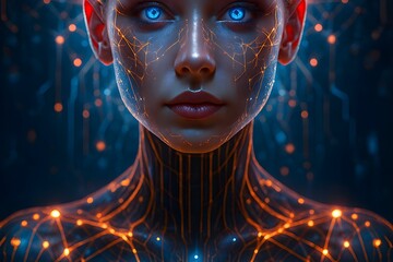 Futuristic Female Cyborg with Glowing Neural Network and Blue Eyes