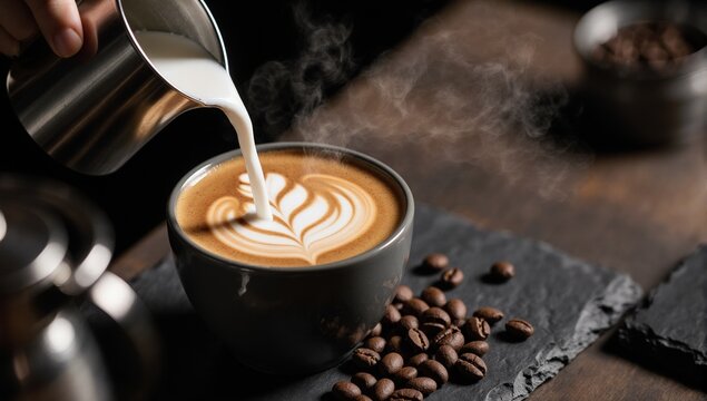 Aromatic latte art with steamed milk pouring into a dark ceramic cup surrounded by roasted beans - Powered by Adobe