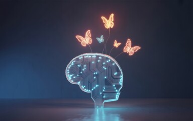Digital brain with circuit pattern and glowing butterflies emerging from it