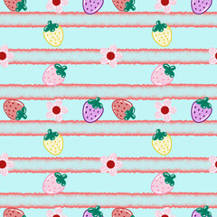 Seamless pattern of cute and colorful strawberries and flowers on a striped background. Pattern for fabric, textile, mug, phone case, wallpaper, and packaging.