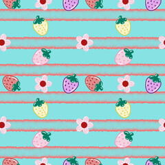 Seamless pattern of cute and colorful strawberries and flowers on a striped background. Pattern for fabric, textile, mug, phone case, wallpaper, and packaging.