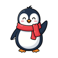 Cute cartoon penguin smiling with eyes closed, black and white body, orange beak and feet, red scarf, blushing cheeks, waving wing, white background.