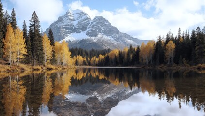 Majestic mountain reflection in a tranquil alpine lake during autumn season