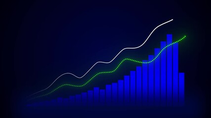 Upward trending bar chart and line graph with green and white lines on dark blue background finance business - Powered by Adobe