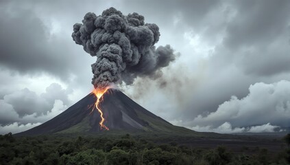 Dramatic eruption of a volcano with lava flow and ash cloud under moody sky