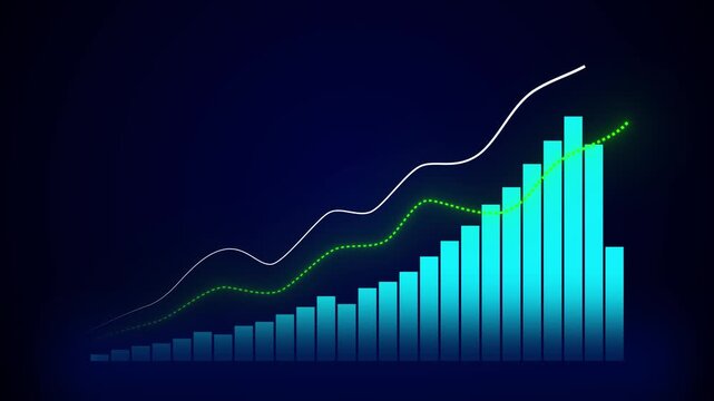 Abstract bar and line graph illustrating positive growth on a dark blue backdrop finance business