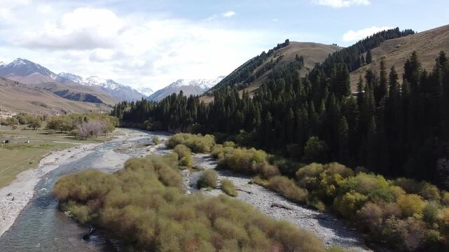 drone shot landscape with snow mountain, flowing water and forest in xinjiang, china