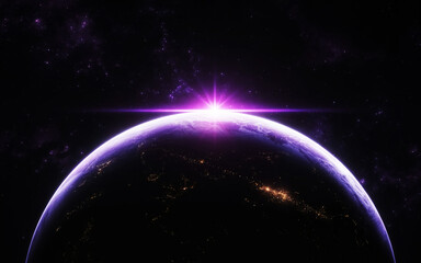 Earth sunrise from space with purple nebula planet