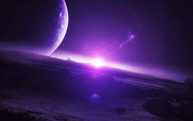 Alien planet sunrise with large moon and nebula space