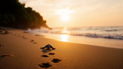 A tiny sea turtle journey across sandy shoreline at golden sunset