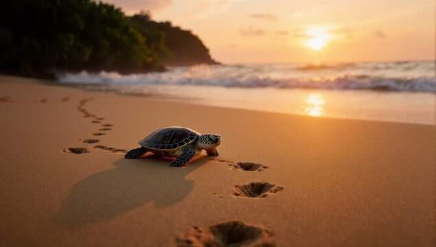 A majestic sea turtle walks along the sandy beach at golden hour sunset