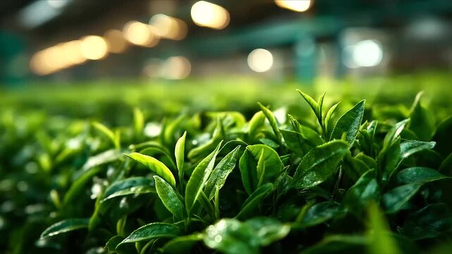 Close up of tea leaves meticulously arranged in rows illuminated by a mix of natural sunlight and industrial lamps details of petals and herbs glowing vividly atmosphere of