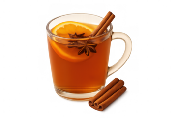 Mulled wine or spiced cider drink in a glass mug with orange slice, cinnamon sticks, and star anise, transparent background