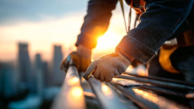 Hands of a rooftop worker gripping a tall antenna mast golden sunset light shining across polished metal city skyline softly blurred in the distance details of tools and gloves
