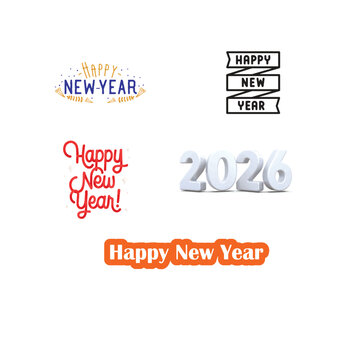 Set of New Year 2026 Vector Lettering and 3D Numbers with Happy New Year Slogans. Vector Illustration.