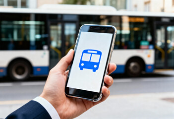 Close-up of a hand holding a smartphone showing a blue bus icon against a background of a city public transit bus.