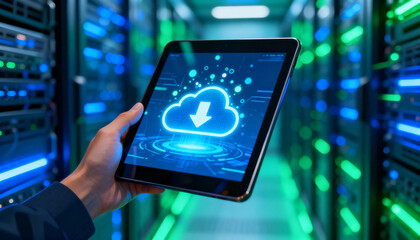 A hand holds a digital tablet displaying a glowing cloud storage download icon in a neon-lit data center aisle.