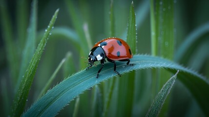 Obraz premium A captivating close-up of a ladybug perched on a vibrant green leaf, highlighting the beauty of nature.