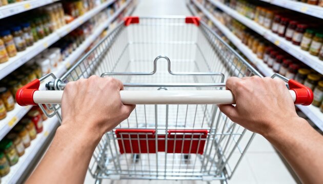 Close-up POV shot of a person's hands gripping the handle of an empty shopping cart moving through a supermarket aisle.