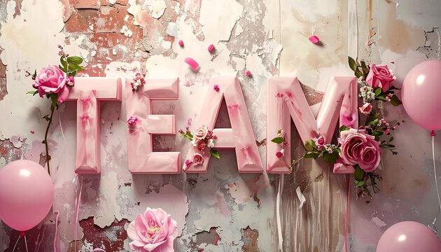 Pink word "TEAM" decorated with roses and balloons against a textured wall - Powered by Adobe