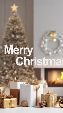 Panning camera near Christmas tree, gifts and a fireplace - vertical animation