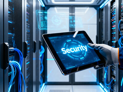 Technician managing network security on a tablet with glowing blue interface in a modern data center environment.