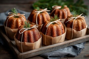 Small spiced bundt cakes wrapped in parchment and tied with natural twine, holiday gift desserts on a rustic wooden tray