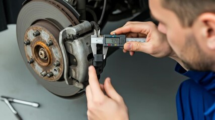 A mechanic measures a brake pad with a caliper. Automotive inspection, repair. Close-up, focus on the tool