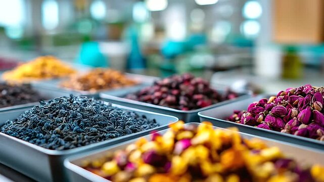 Rows of multicolored tea leaves and flower petals displayed in polished trays modern factory environment softly blurred behind light reflections amplifying natural tones