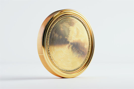 Golden coin standing upright on white background, concept of finance, success, and digital economy.