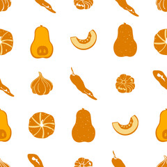 Seamless pattern set of colorful vegetables and fruits. Hand-drawn healthy food design perfect for kitchen decor, packaging, fabric, and eco product backgrounds.