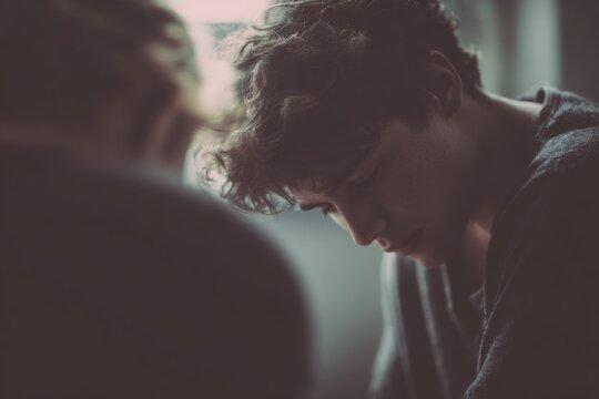 Young person bowed down in deep quiet despair. An isolated individual struggling with profound sadness, needing a helping hand for mental health support and suicide prevention awareness.