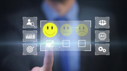 Businessman Selecting Smiley Face On Digital Satisfaction Survey Interface. Service Quality Survey Positive Feedback