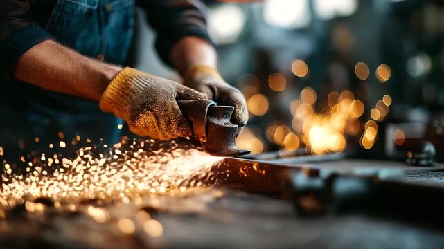 Worker&rsquo;s hands on abrasive regenerator levers as sparks and dust fill the air glowing surfaces catching light atmosphere emphasizing toughness endurance and industrial energy