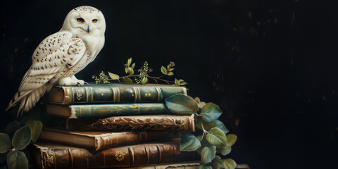 Fototapeta premium White Owl Sitting on Old Books Background with Copy Space
