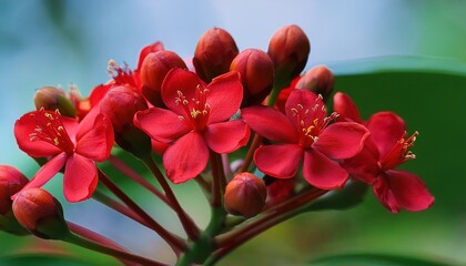 Fototapeta premium Jatropha Integerrima Peregrina Bright Red Flowers In Bloom Close Up