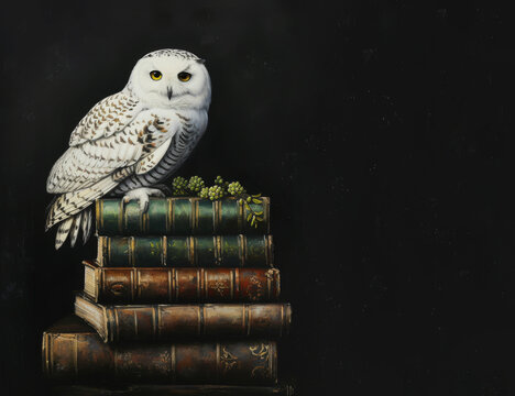 White Owl Sitting on Old Books Background with Copy Space