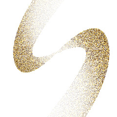 Abstract swirling golden particles forming a dynamic ribbon shape against a stark black background...